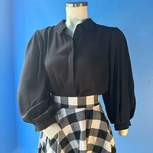 ModCloth black button up blouse with lantern sleeves, size medium